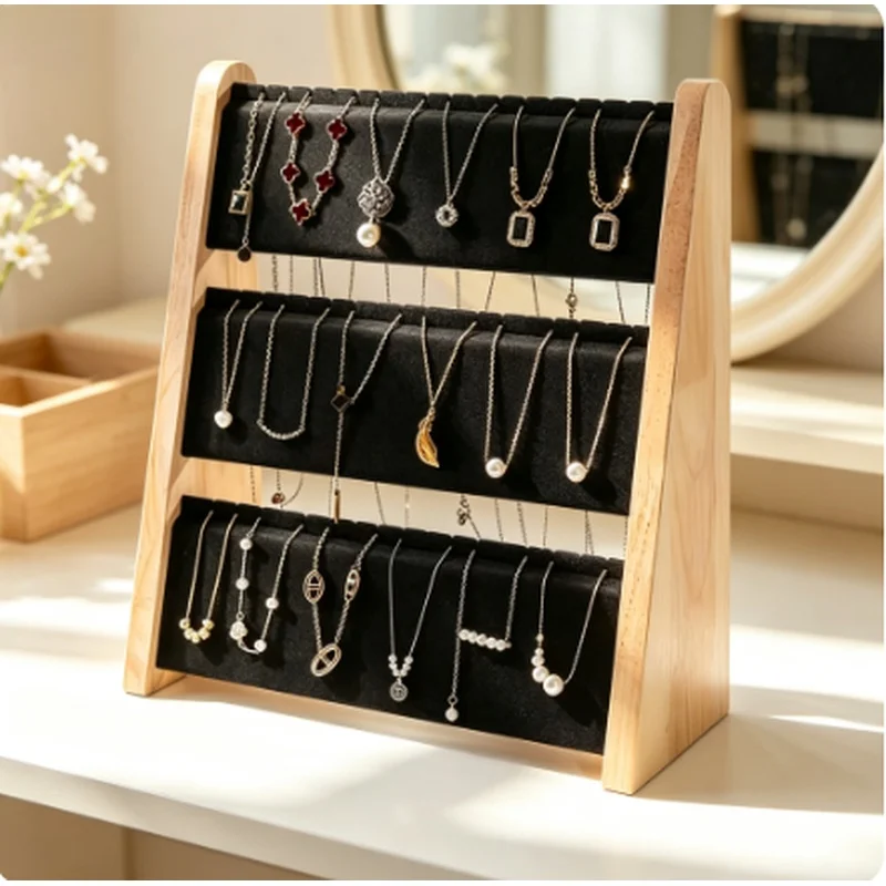 3 Layers Slope Shape Wooden Jewelry Display Stand Necklace Pendant Organizer Holder Storage Showcase Tray