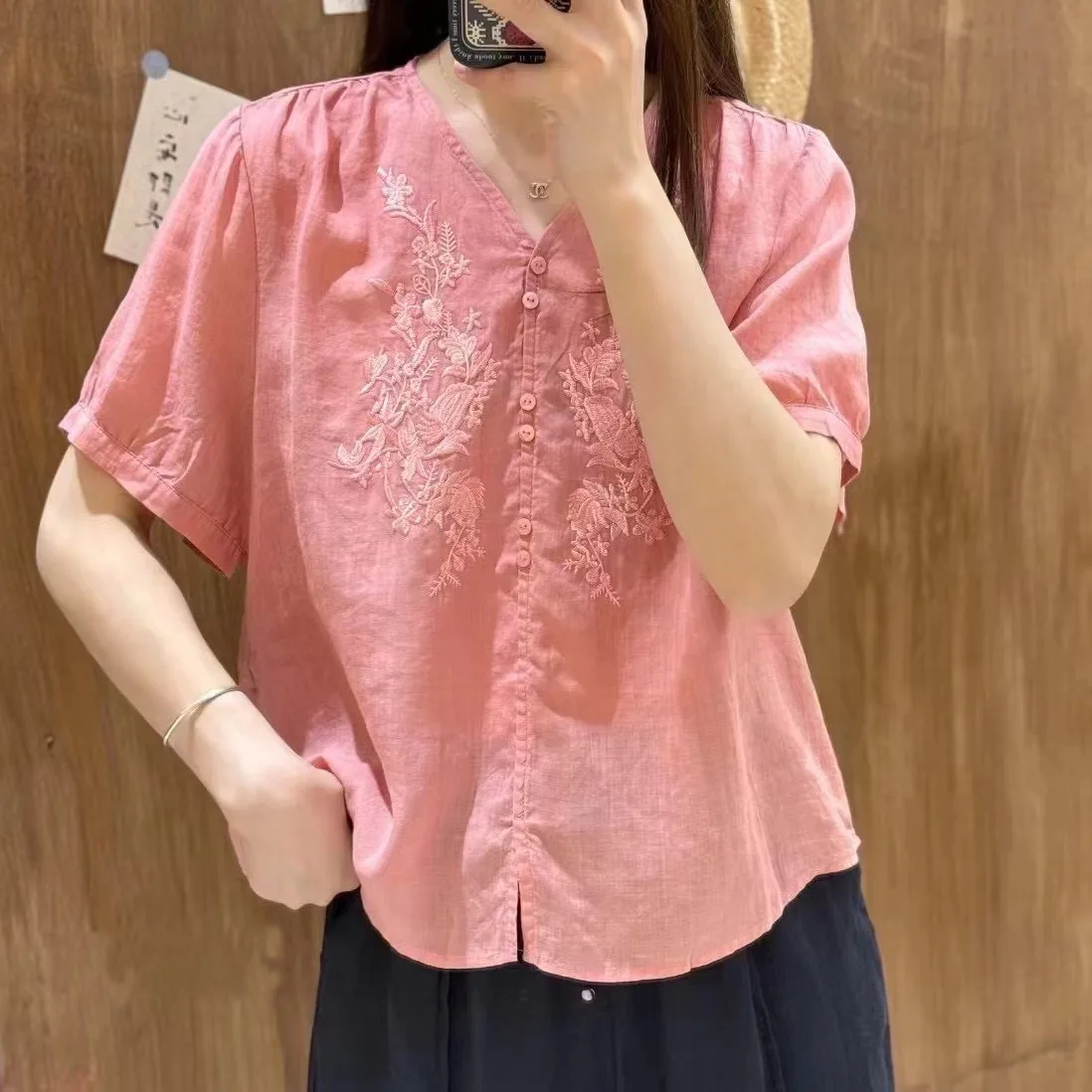 

Ele Retro Pure Color Embroidered Cotton Linen ort Sve V-Ne irt Women's Summer Versatile Casual Sle Loose Fit