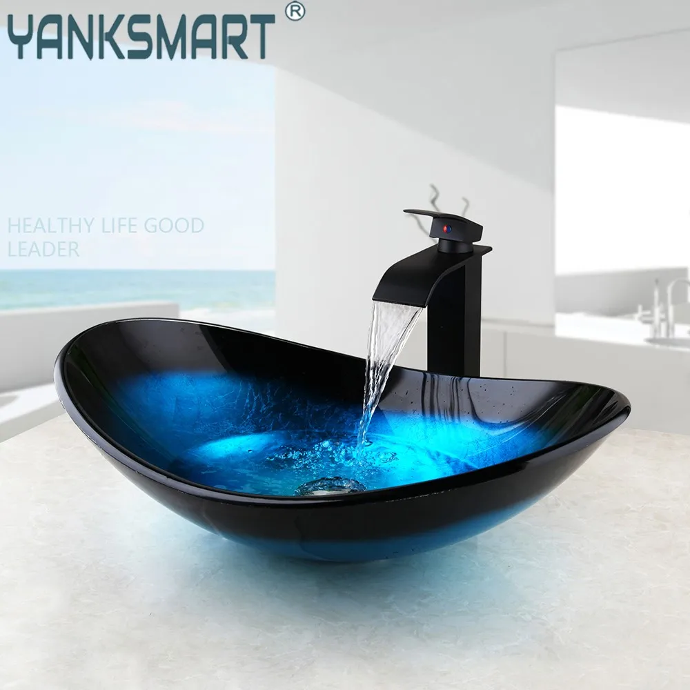 YANKSMART Oval Tempered Glass Hand Painted Lavabo Waterfall Spout Bathroom Basin Sink Mixer Faucet Veseel Vanity w/ Pop-up Drain