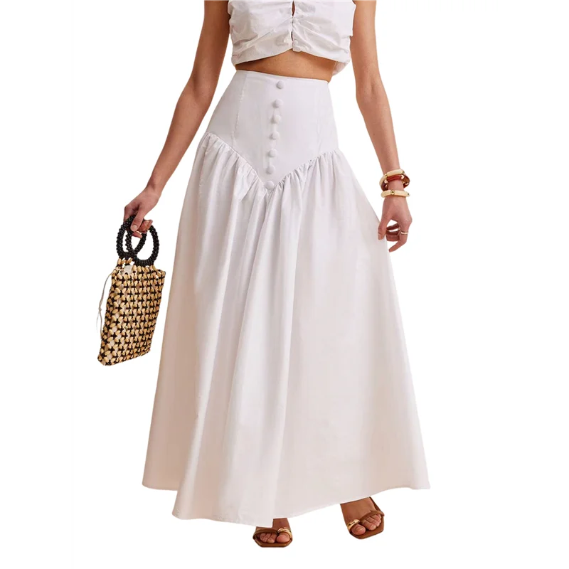 

A09P Women's French Style White Stitching Buttoned High Waist Maxi Skirt Pleated Flowing Maxi Skirt High Waist Maxi Skirt L
