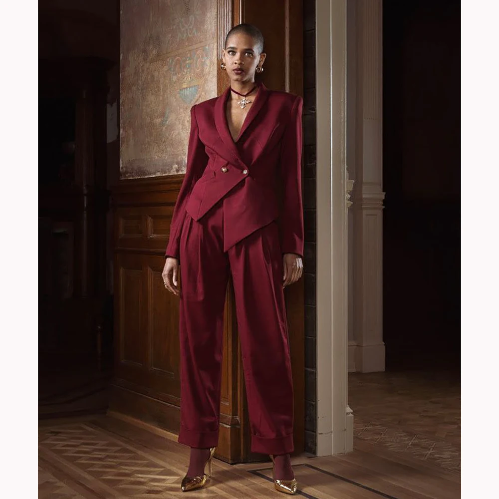 Burgundy Women's Suit Customied Modern Office Lady Suit Double-breasted Two Pieces (Irregular Jacket+Harem Pants) Daily Set
