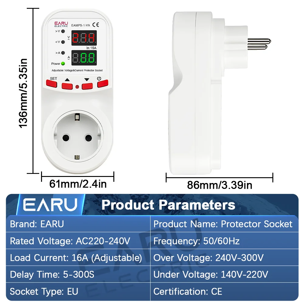 Automatic Voltage Surge Current Limiter Protector EU Socket Plug Adjustable 16A AC 230V 50/60Hz Power Energy Monitor kWh Meter - view 2