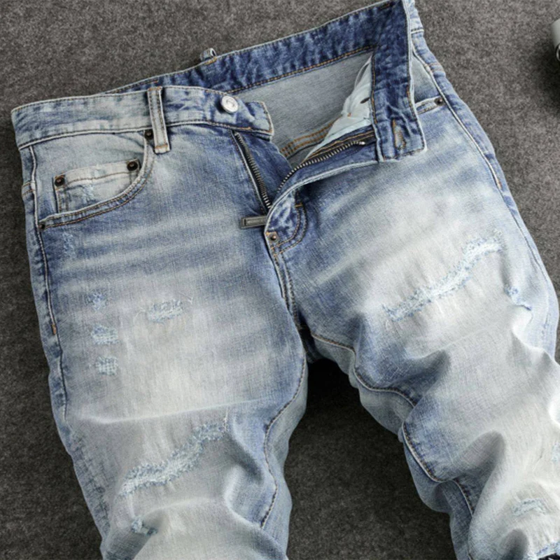 

Y2K Street Designer Fashion Men Jeans High Quality Retro Light Blue Stretch Slim Fit Ripped Jeans Men Brand Vintage Denim Pants