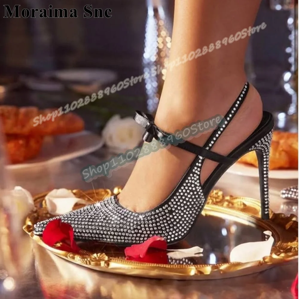 

Black Slingback Full Crystal Bowknot Strip Sandals Thin High Heel Shoes For Women Slip On Pointed Toe Sparkling Banquet Sandals