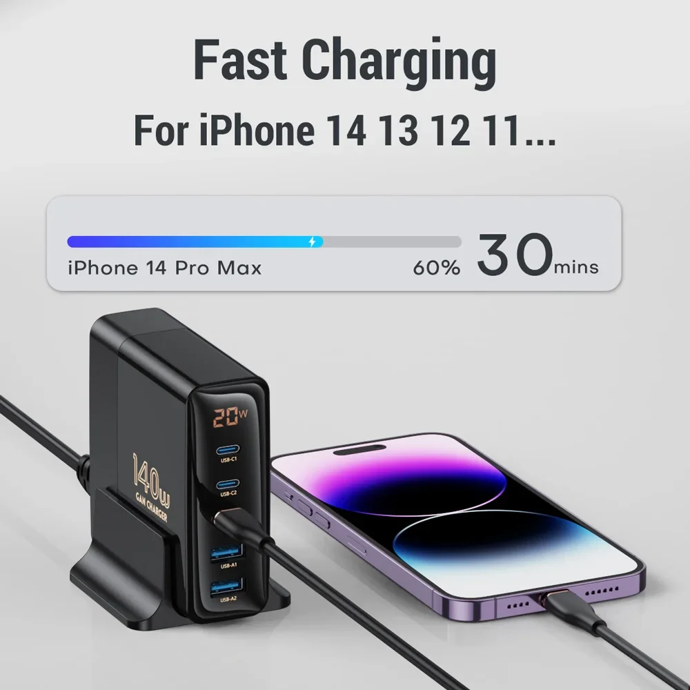 140W GaN Charger Desktop Fast Charger for Macbook Tablet USB Type C PD PPS AFC Charging Station for IPhone 14 13 Pro Max Samsung