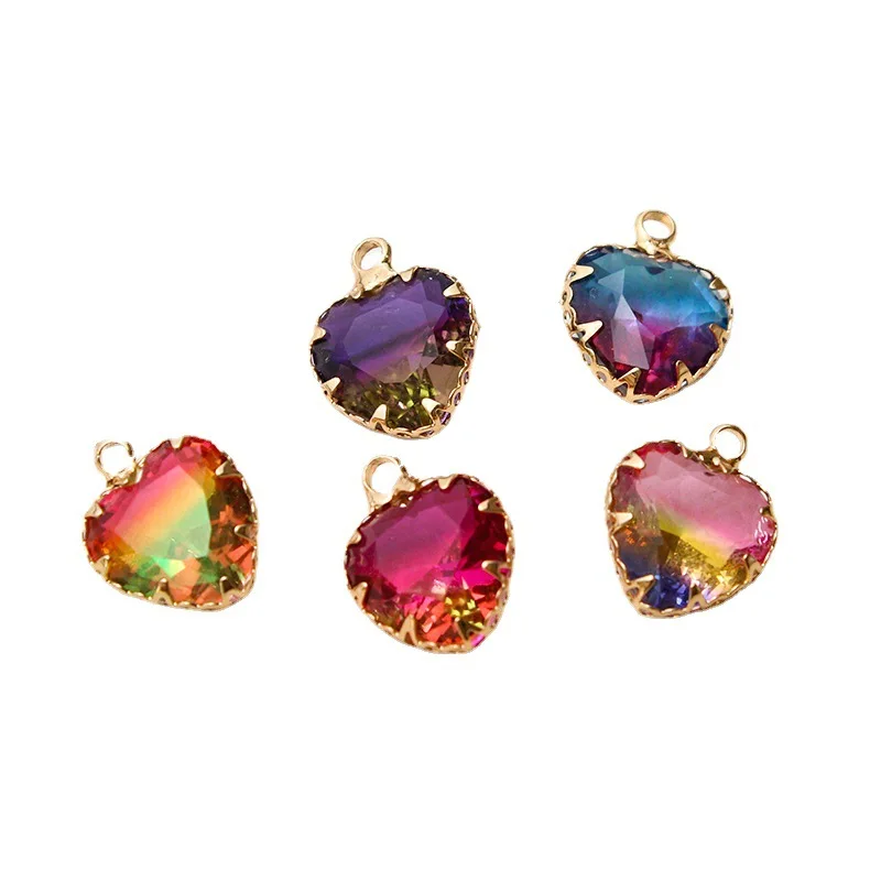 1pcs Diy Accessories Copper Edging Glass Crystal Gradient Heart Pendant Gold-plate Antique Earrings Material Handmade Charms
