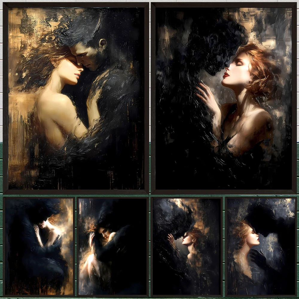 Dark Romantic Demon Couple Canvas Wall Art,Mystical Smoky Devil Woman Intimate Embrace Art Poster Print Home Decor Unframed