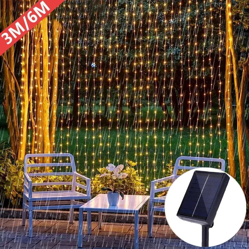 Solar Power Curtain String Lights Outdoor Christmas Lighting 8 Lighting Modes Great for Wedding Party Pergola Garden Decoration