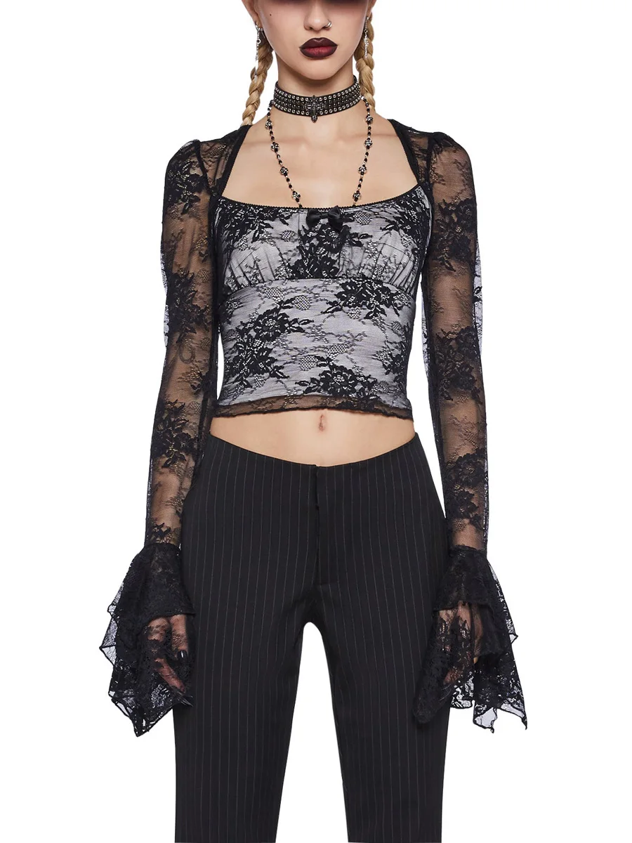 

Women Goth Crop Tops Fairy Grunge Lace See Through Sheer Mesh T Shirt Punk Slim Fit Long Sleeve Shirt