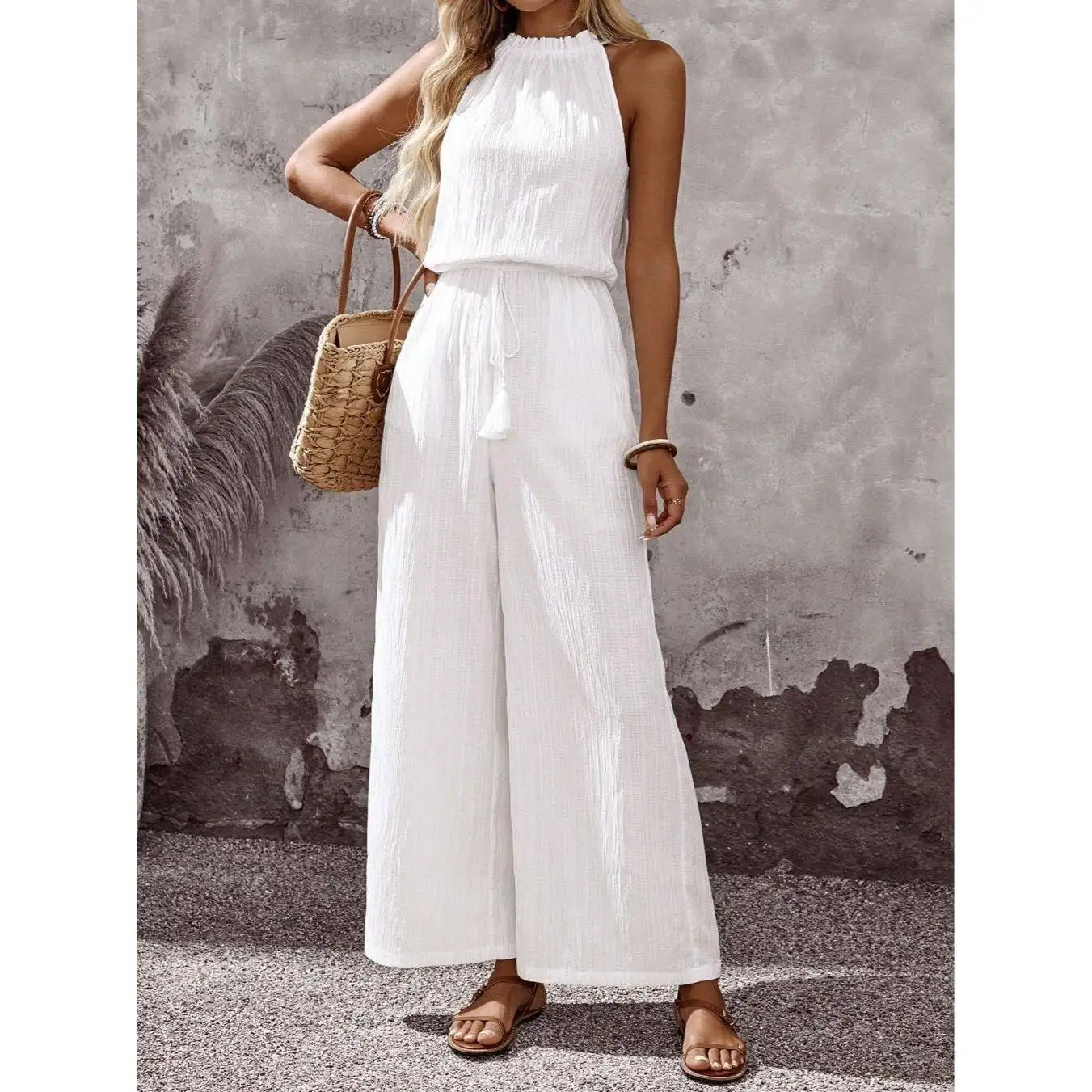 Fashionable White Simplistic Summer Neck Hanging Shoulder Bared Waist in Belted Sleeveless Jumpsuit Long Pants Casual Style