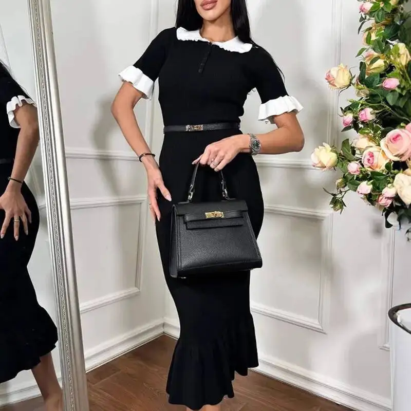 Office Ladies Elegant Button Lapel Shirt Women Spring Solid Rib Knitted Long Dress Summer Short Sleeve Ruffle Slim Dresses