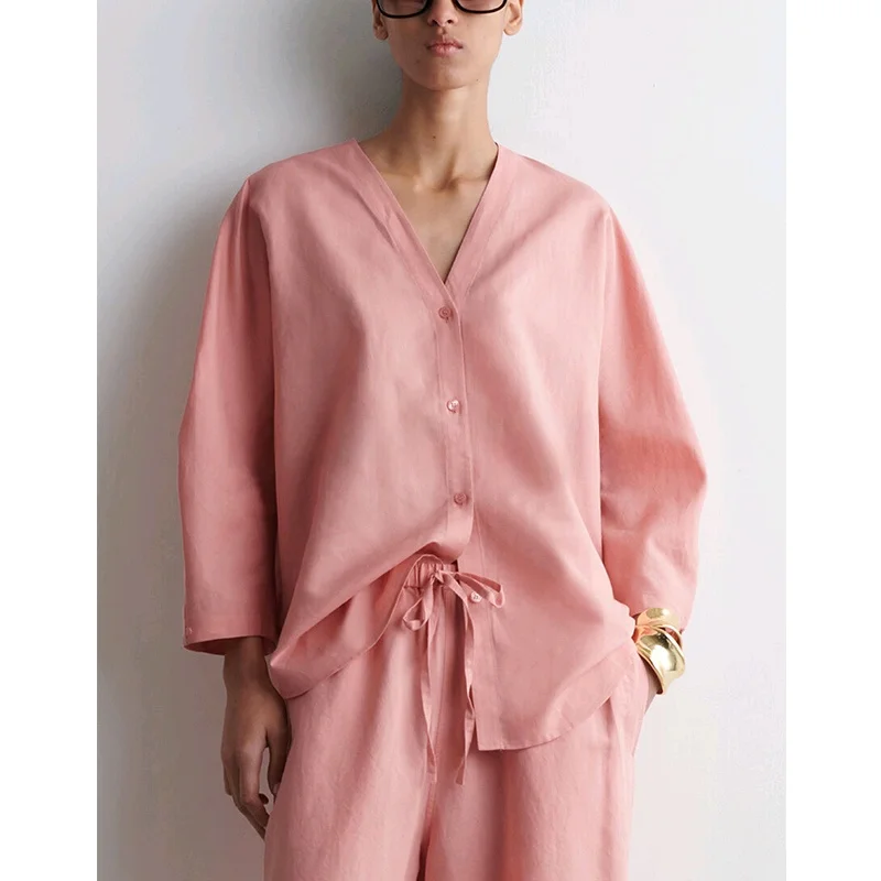 เสื้อผ้าผู้หญิงสำหรับฤดูร้อนใหม่ แขนเดี่ยว คอวี 7/8 แขนยาว ทรงลำลอง ผ้าลินินผสม โพลีเอสเตอร์ 00%