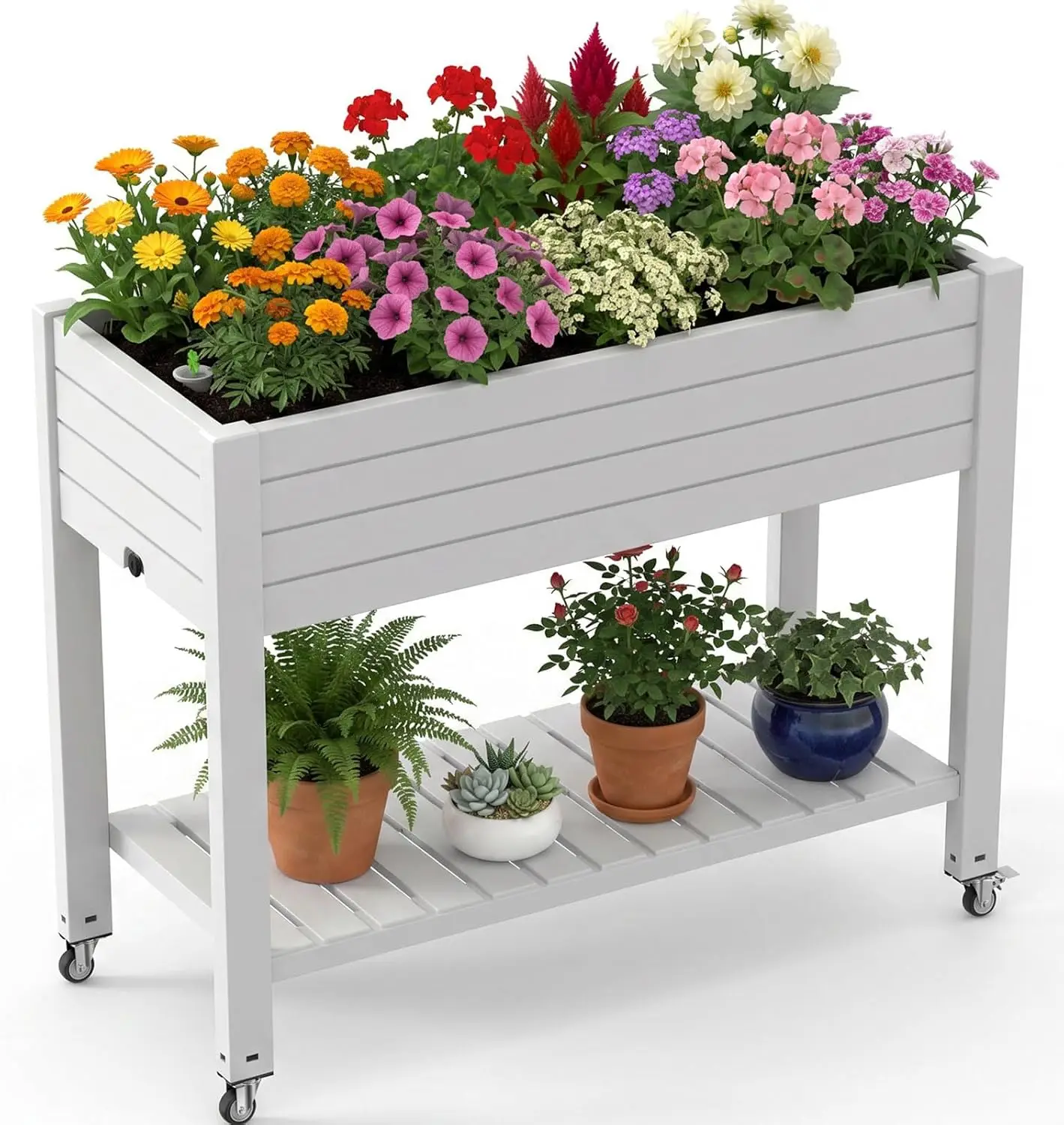 Raised Garden Beds Outdoor, with Wheels & Extra Storage Shelf, Water Level Monitoring, Elevated Garden Bed, 21 Gallon Planter Raised Beds for Vegetables, Fruits, Backyard, Patio, Balcony (White)
