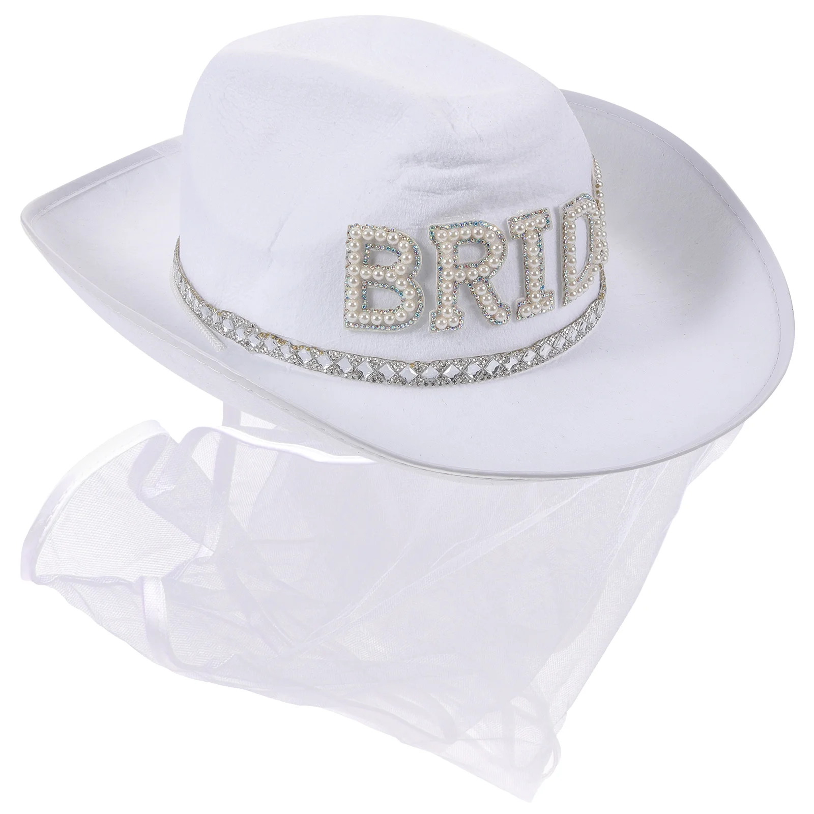 

White Cowboy Pearl Veil Rhinestone Embellished Bridal Cowgirl Hats Wedding Bachelorette White Cowgirl Hat Accessories