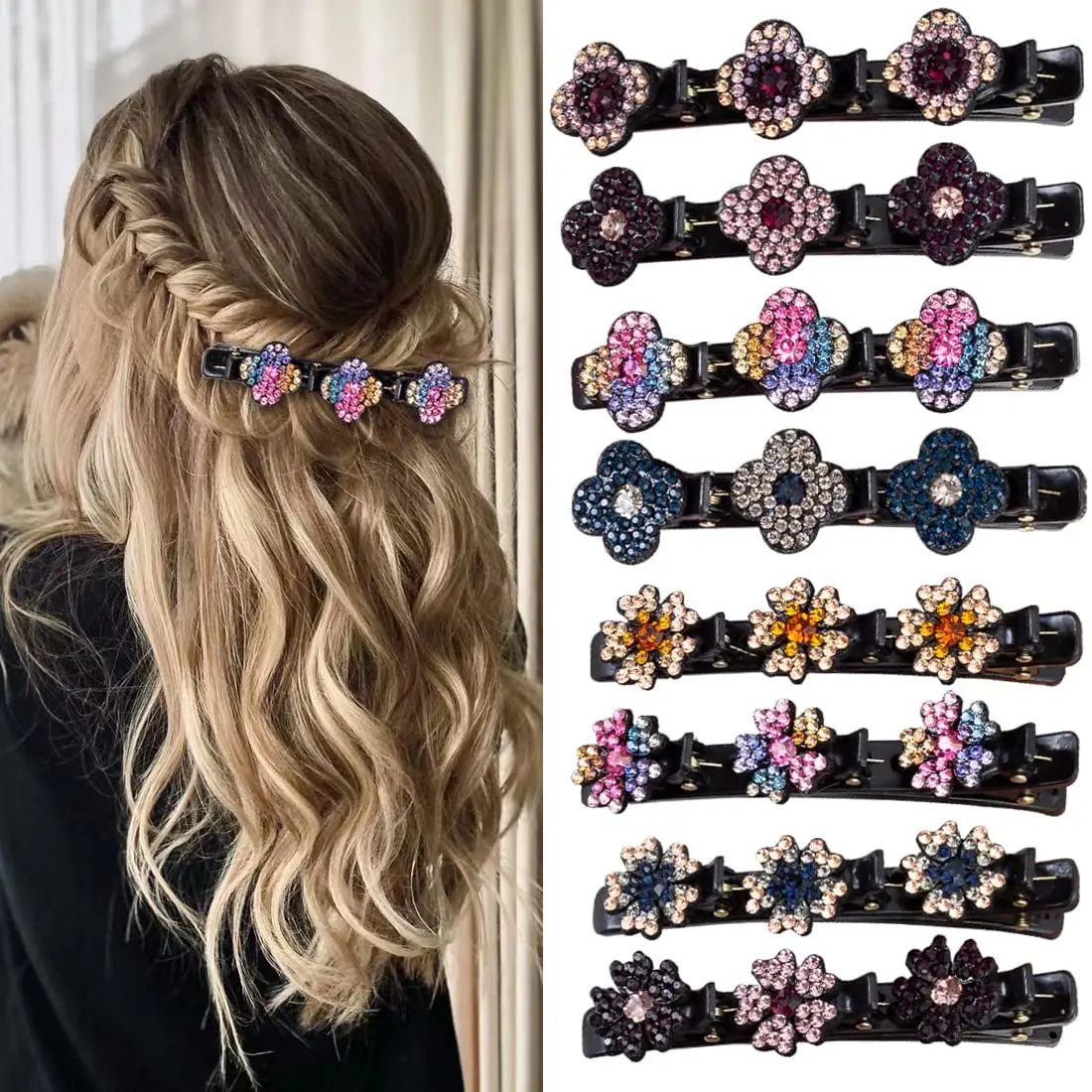 8pcs Sparkling Crystal Stone Braided Hair Clips for Thick Thin Hair, Girls / Women Hair Accessories for Styling Sectioning