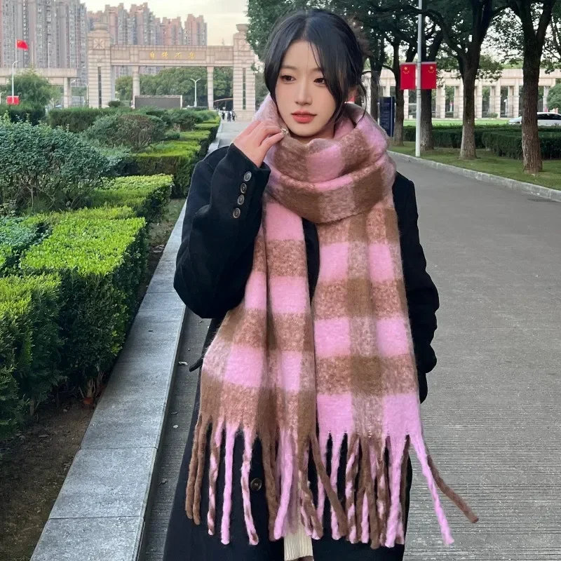 2024 New Autumn Winter Imitation Wool Scarf Female Windproof Thickened Keep Warm Plaid Print Office Long Soft Wear Shawl T151