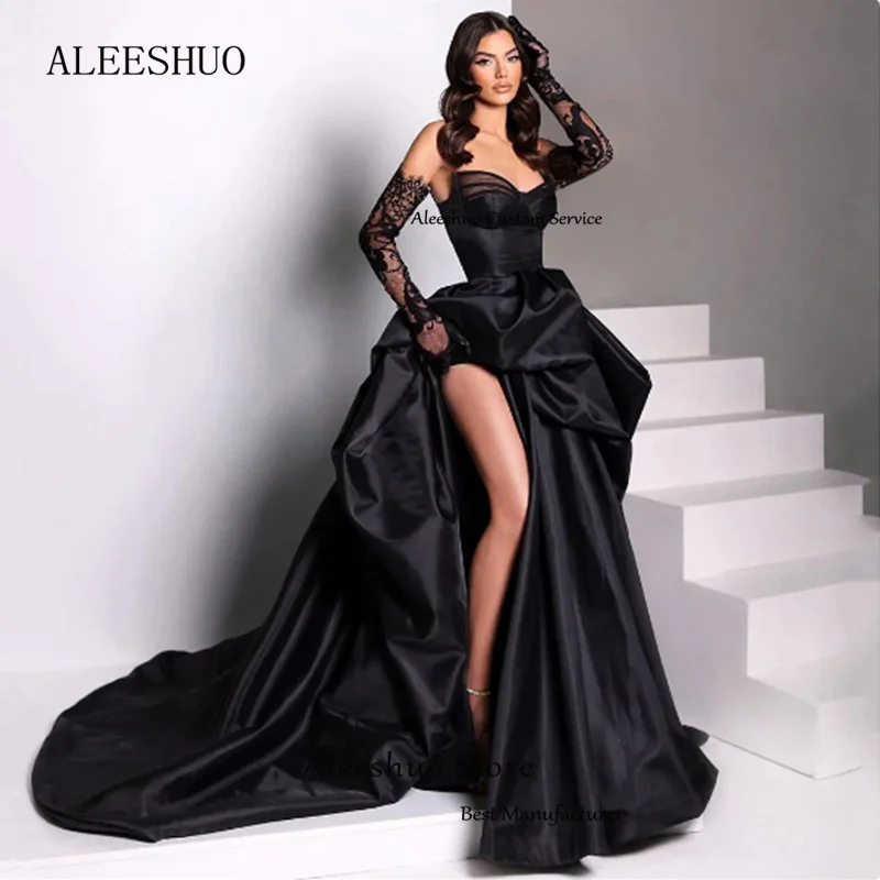 Aleeshuo sexy schwarz Ballkleid Satin Schatz Abendkleid Saudi-Arabien Seitens chlitz formelle Ballkleid bodenlang فستان س카رة