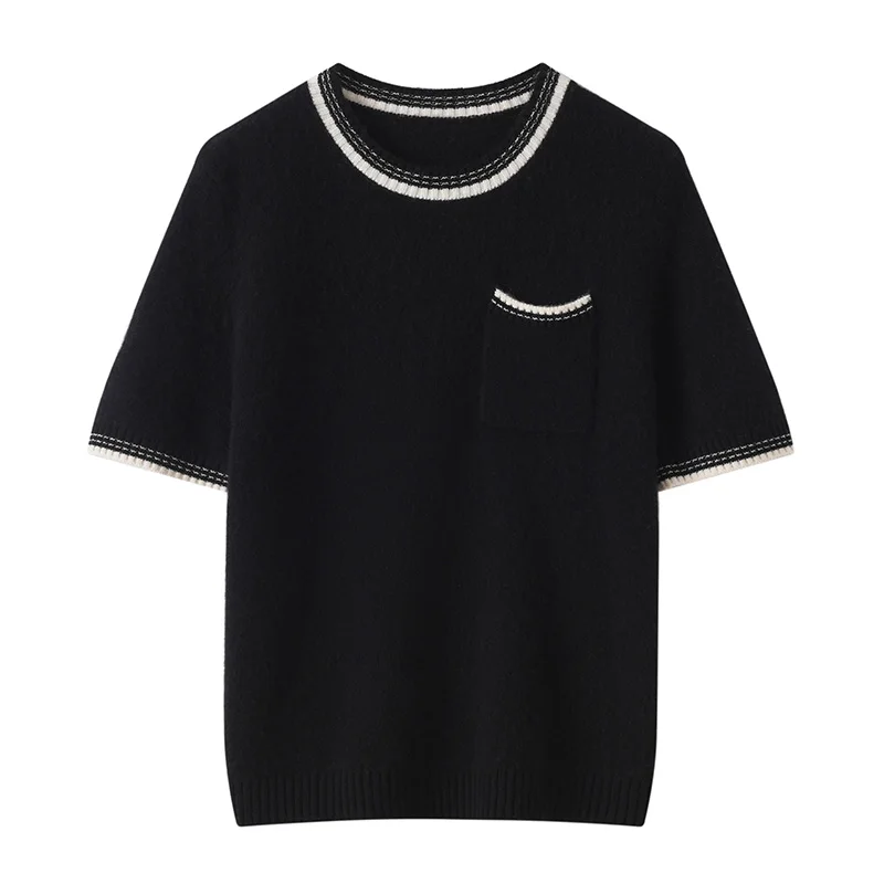 2026 autumn and winter new 100% cashmere sweater round neck short-sleeved women's black pullover knitwear casual wool