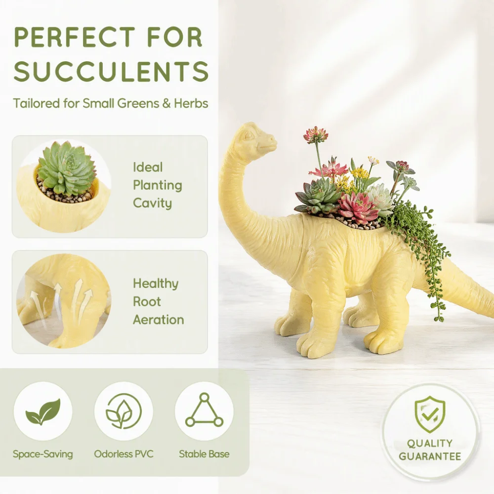 PVC Dinosaur Flower Pot 22 x 6 x 12.5cm Animal Shape Design Cactus Succulent Pot Yellow Garden Decoration Pot For Cactus Plant