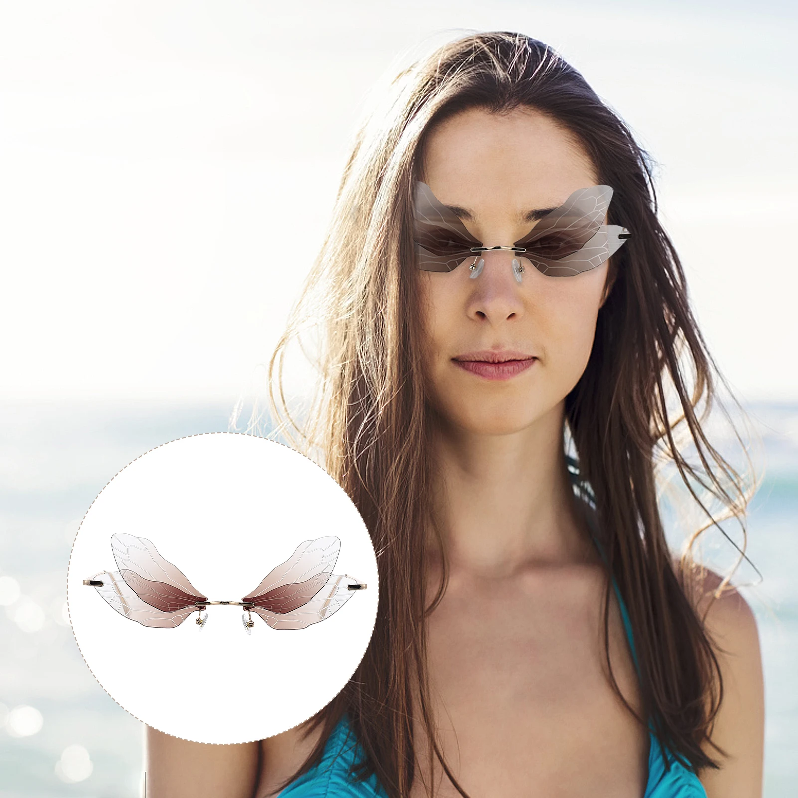 

1 Pair Dragonfly Wing Sunglasses Rimless Metal Frame Durable Uv Protection Irregular Shape Fashionable For Driving