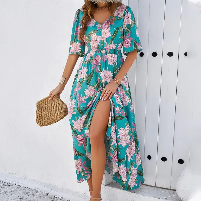 

Vacation Women's Elegant Print A-line Slit Dress Temperament Female Clothes Summer Daily Fashion Women Casual High Waist Dresses