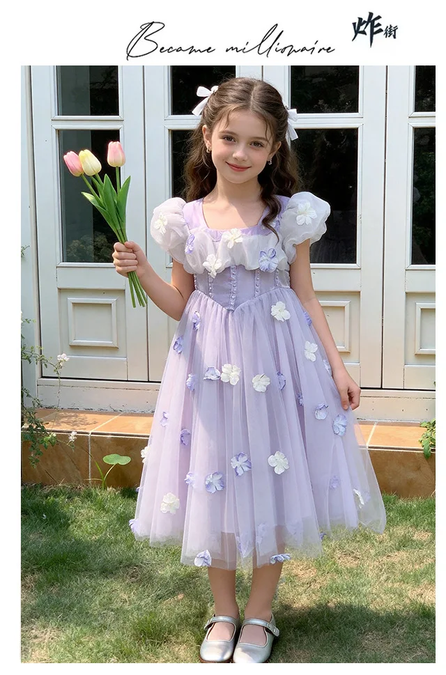 

New Baby Summer Girls Teenage Floral Purple Pink Dress, Princess Kids Fashion Holiday Dresses 5- 12 T