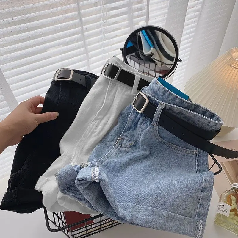 

Korean Summer Wide Leg High Waist Denim Shorts with Belt Women Fashion Pocket Hot Pants Streetwear Casual Cowboy Jeans Shorts