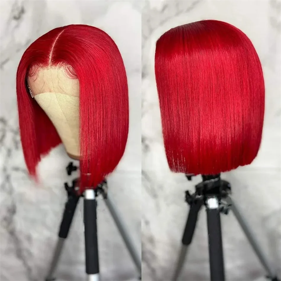 Vor gezupfte transparente 13x4 gerade rot stumpf geschnittene Bob Perücke Echthaar Spitze Frontal Perücke mit Babyhaar natürlichen Haaransatz 8-16 Zoll