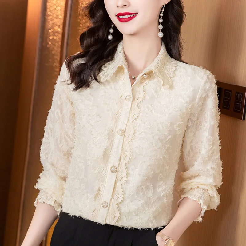 2023 Autumn Women New Chiffon Jacquard Long Sleeve Ruffle Lace Shirts Office Lady Solid Elegant Simple Blouse Female Clothing