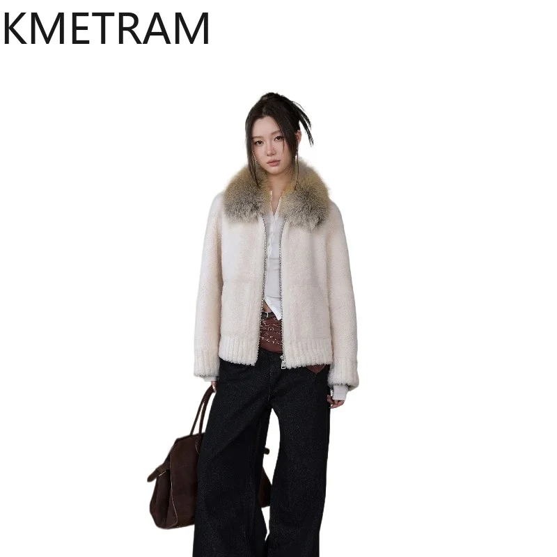 KMETRAM Natural Merino Sheepskin Wool Fur Coat Woman Golden Island Fox Fur Collar Short Winter Fur Jacket Women Clothes 2026 퍼자켓