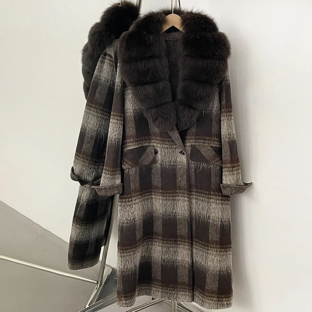 OFTBUY New Warm Winter Outerwear for Female Mid Long 100% Wool Coat Women Real Fox Fur Lapel Collar Vintage Plaid Woolen Jacket