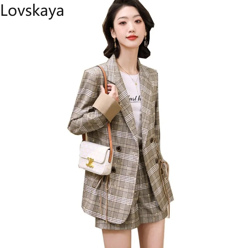 

Formal Business Work Wear Pant Suit Khaki Plaid Blazer Jacket and Trouser Fashion Women 2 Piece Set Summer Spring