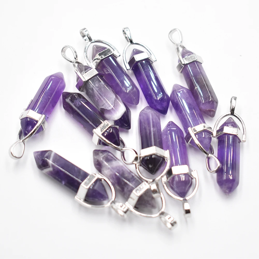 Wholesale 12 24 50pcs/lot natural  stone amethyst pillar shape point Chakra charms pendant for jewelry making free