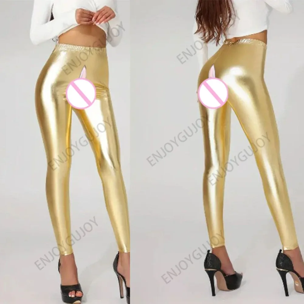 Invisível virilha aberta sexo ao ar livre exótico hotpants leggings femininas couro falso do plutônio sexy yoga zip calças noite clube