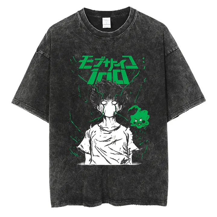 Anime Mob Psycho Vintage Washed Tshirt Unisex Streetwear Harajuku Graphic T-Shirt Cotton Casual T shirt Oversized Short Sleeve view 3