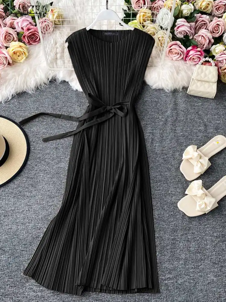 Fashion Solid Pleated Dress Women Summer Sundress 2023 ZANZEA Casual Sleeveless Tank Vestidos Belted Female O Neck Robe Femme