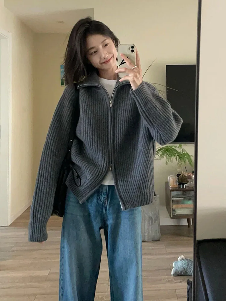 Women Basic Grey Cardigan Half High Collar Sweater Autumn Winter Long Sleeve Soft Knitted Pullover Fashion Outerwear New Design