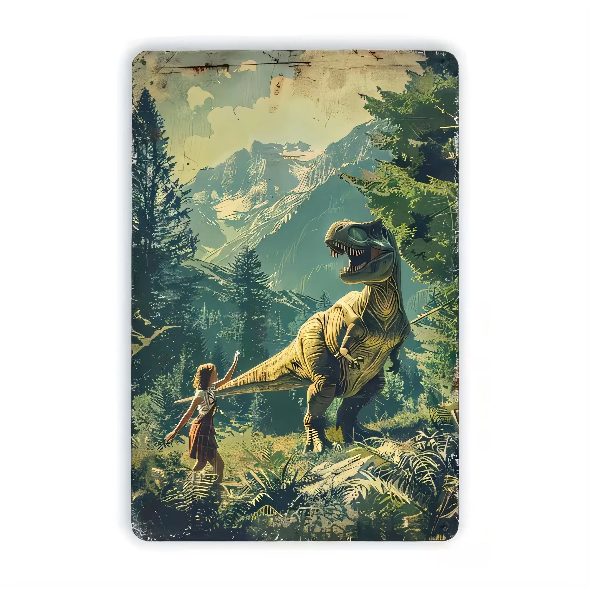 Tin Sign Vintage Dinosaur T-Rex Astronaut Explorer in Forest Landscape Retro Metal Wall Plaque Art for Man Cave Garage Bar Pub O