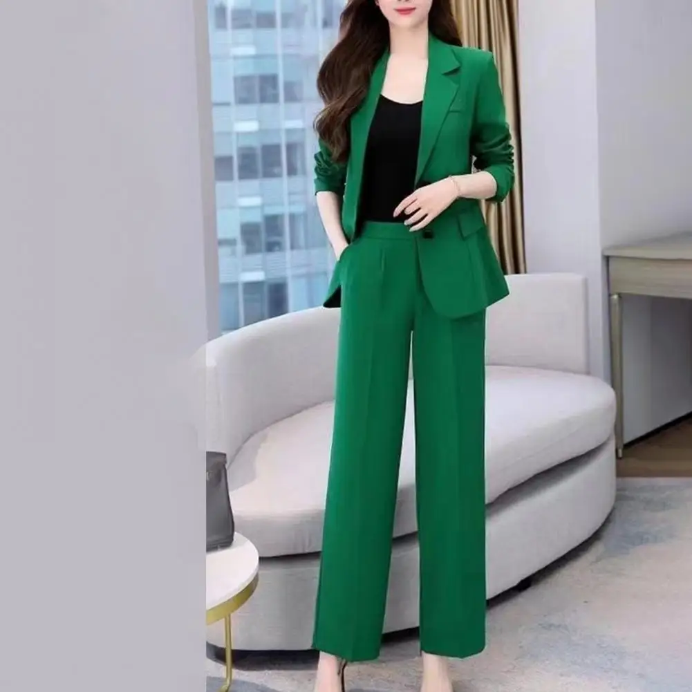 Long-sleeve Top Outfit Formal Business Style Women\'s Coat Pants Suit Set with Lapel Button Closure Cardigan Wide Leg for Work