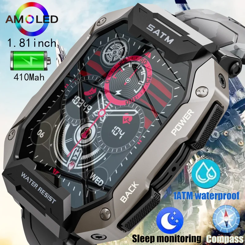 

New Men's Rugged Military HD Bluetooth Call smartwatch 410Mah battery Compass 1ATM Deep waterproof smartwatch for Huawei Xiaomi