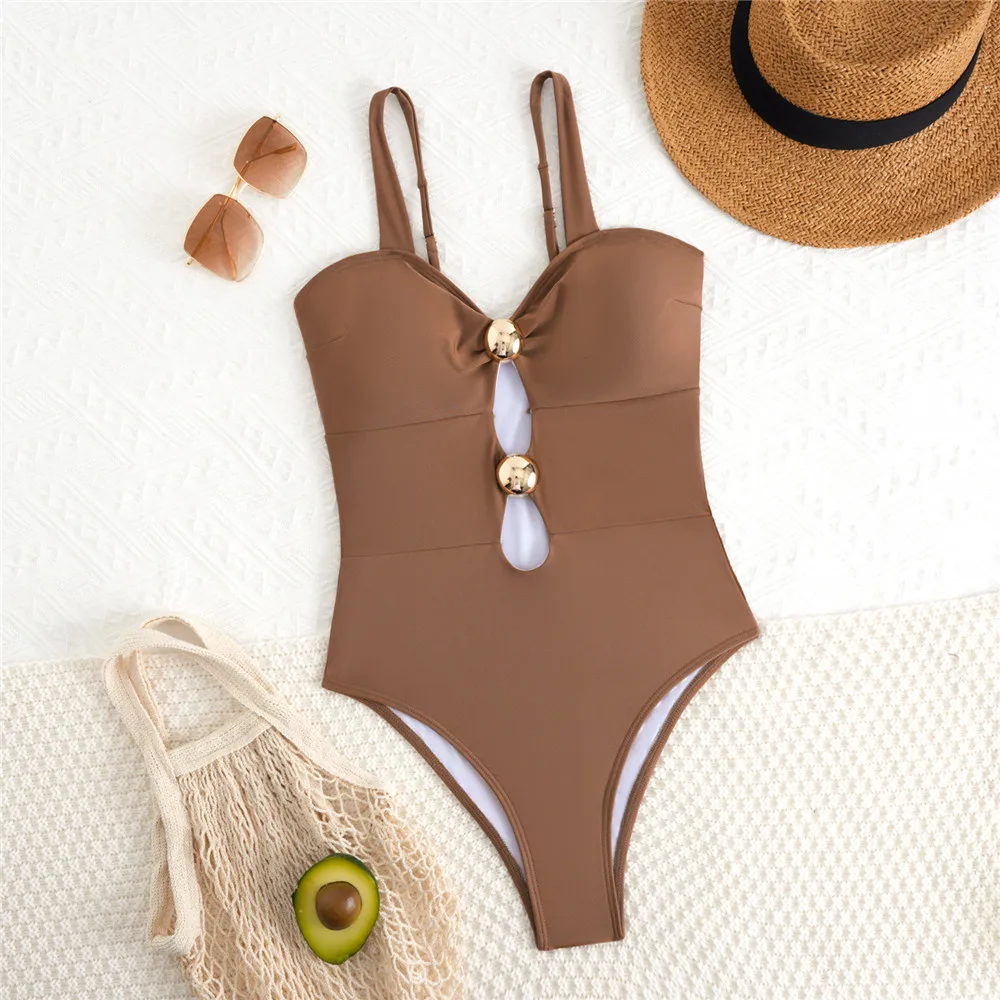 Solid Brown Hollow Out Metal Ornament Swimwear Woman One Piece Sexy Swimsuit 2026 Monokini Bathing Swimming Suit Wear Bathers