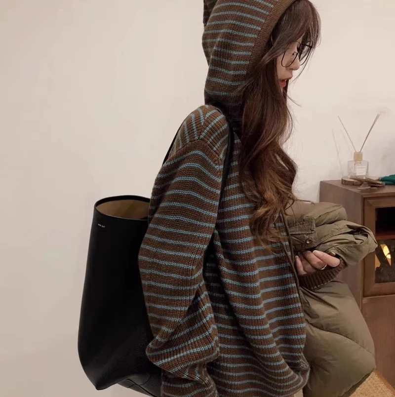

New Loose Soft Drawstring Knitted Hoodies Vintage Warm Female Streetwear Autumn Winter Stripe Hooded Sweater Coat Women