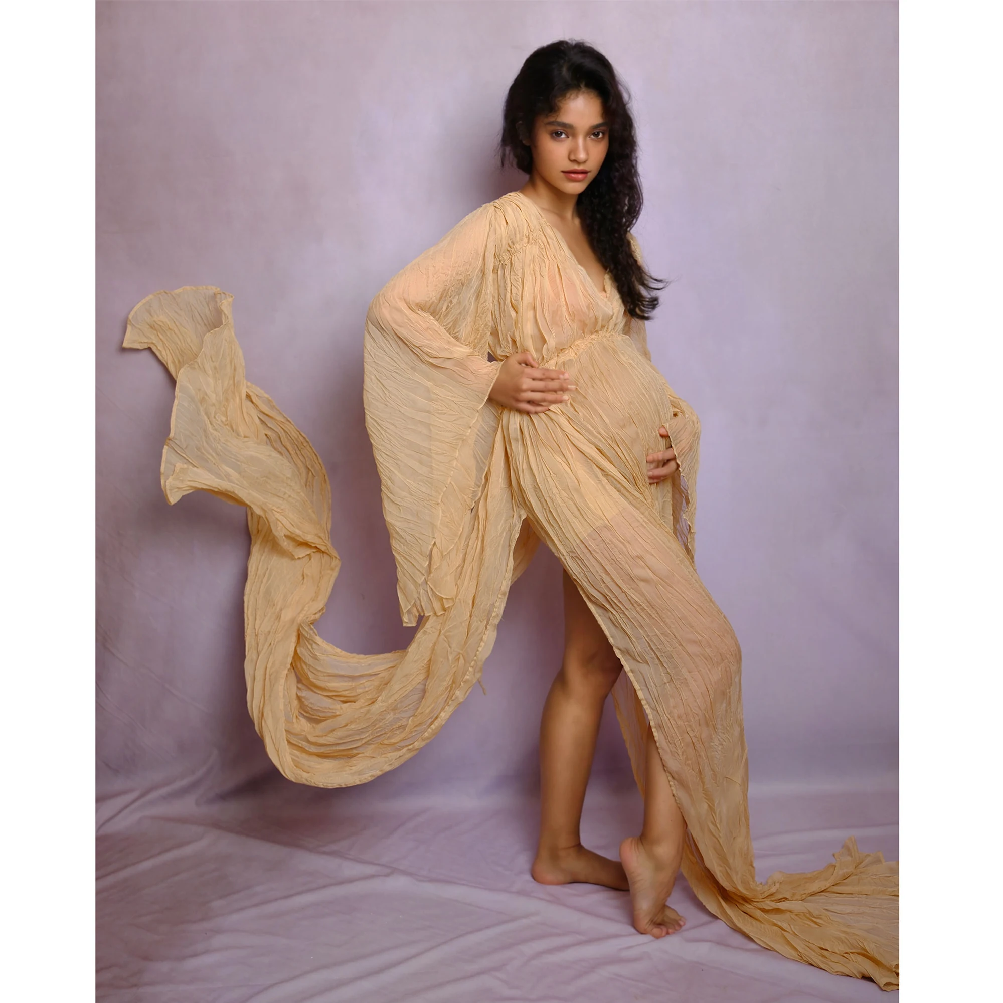 Don&Judy Pleated Ruffle Chiffon Maternity Dress Boho Photoshoot Gowns Long Sleeve Side Slit Beige Pregnancy Women Photo Session