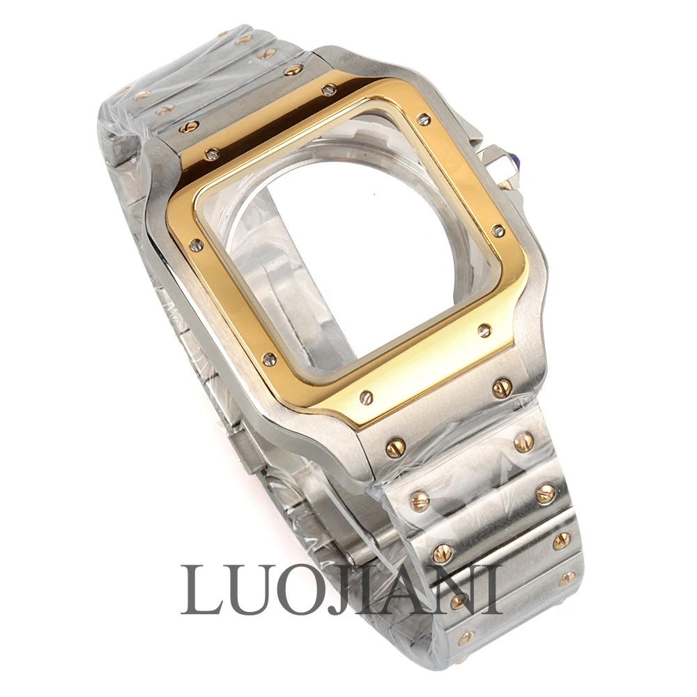 for Santos Watch Case NH35 and Bracelet Stainless steel Gold Silver fir NH35 NH36 NH38 movement 27mm Dial Square Waterproof