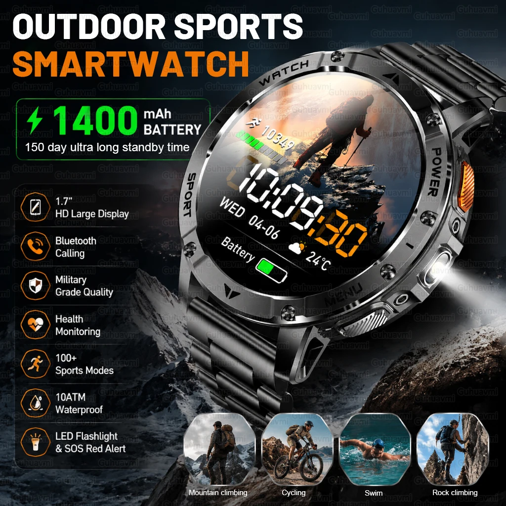 

2026 TANK New 1400mAh Military GPS Smart Watch Men 1.7" AMOLED Screen 10ATM Waterproof Clock SOS Call Flashlight Smartwatch IOS