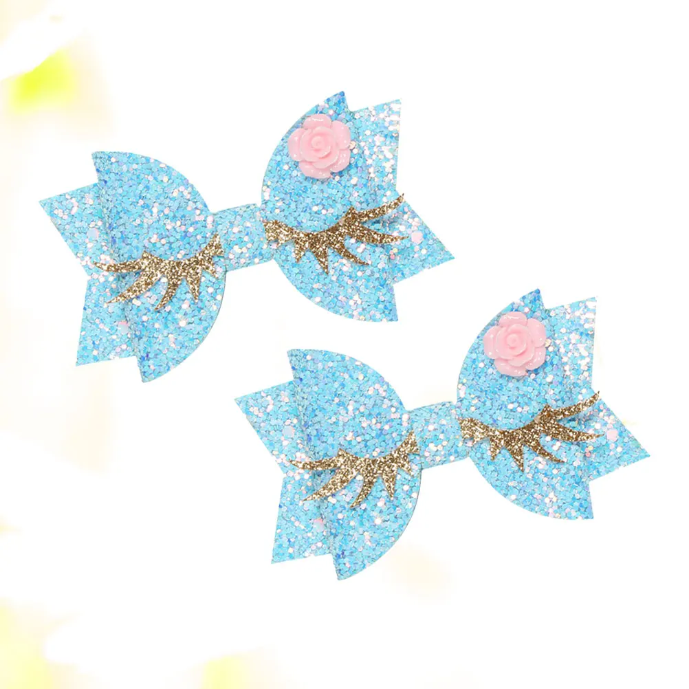 

2pcs Blue Bowknot Golden Eyelash Hair Clips Double Layer Sequin Barrettes Lovely Headwear For Girls Kids Durable Elegant Party