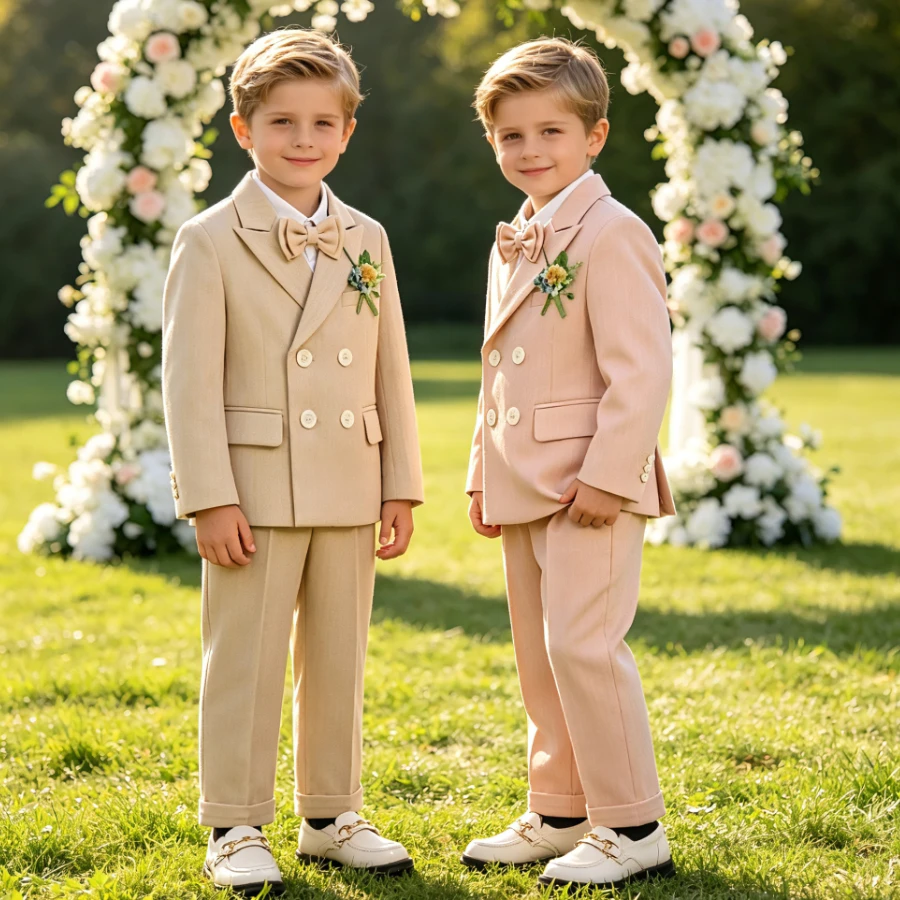 Double Breasted Boys Suit Blazer Pants Bow Tie Kids Gentleman Tuxedo Flower Boy Wedding Birthday Party Piano Performance Outfit