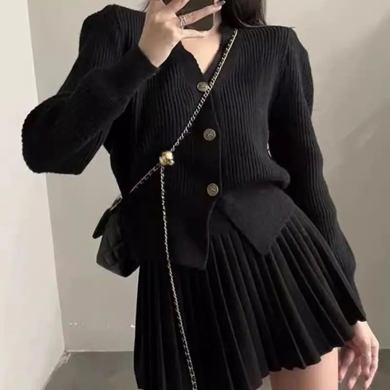 Chic Y2k Knitted 2 Pieces Sets Women Single-breasted Tops High Waist Mini Skirt Knit Cardigan Solid Outfits Spring Autumn Suits
