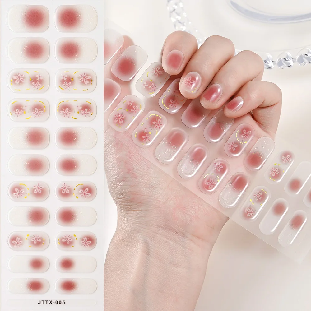 UV lamp Cured Extended Nails Tip Strips Waterproof Sticker Blush Flowers Semi Cured UV Gel Nail Stickers for Salon&amp.Beginner