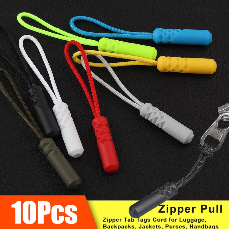 10Pcs Zipper Pull Puller End Fit Rope Zipper Pull Replacement Zipper Tab Tag Cord Extension Fixer Backpack Suitcase Zipper Cord